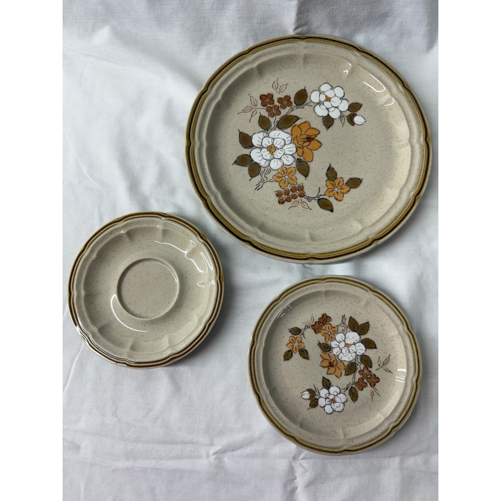 Crown Manor Autumn Blossom Stoneware Plates Saucer Set Handpainted Japan Vintage